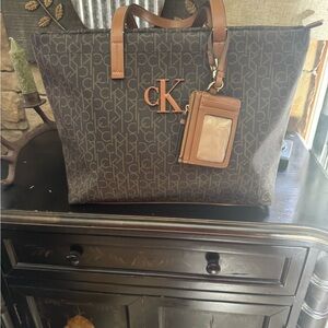 Calvin Klein Brown Monogram Tote Bag with Leather Accents